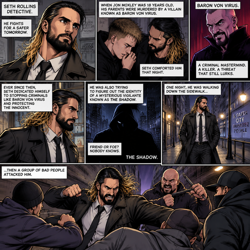 Seth Rollins is a detective. He and Jon Moxley had been friends for years. When Jon was 18 years old His parents were murdered by a villain known as Baron Von Virus. Seth comforted him that night. Ever since then Seth dedicated himself to stopping criminals like Baron Von virus and protecting the innocent. He was also trying to figure out the identity of a mysterious Vigilante known as the shadow. One night he walking down the sidewalk,Then a group of bad people attacked him