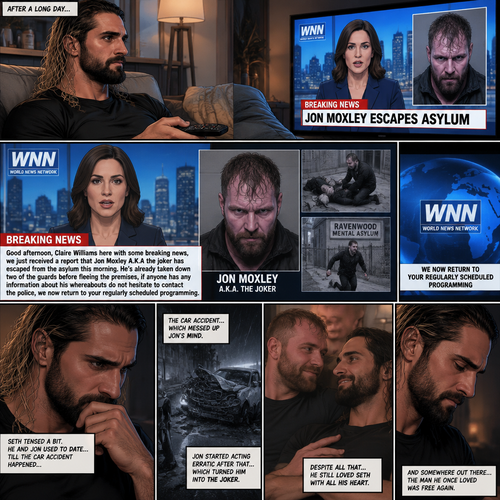 Seth Rollins was at home after a long day. He turned on the tv,A news report came on. “Good afternoon,Claire Williams here with some breaking news,we just received a report that Jon Moxley A.K.A the joker has escaped from the asylum this morning,He’s already taken down two of the guards before fleeing the premises,if anyone has any information about his whereabouts do not hesitate to contact the police,we now return to your regularly scheduled programming” said the reporter. The news report ends. Seth tensed a bit. He and Jon used to date….till the car accident happened…which messed up Jon’s mind. Jon started acting erratic after that…which turned him into the Joker. Despite all that he still loved Seth with all his heart
