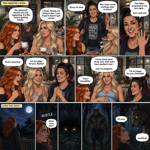 (Part 2 of the Werewolf X human story). It’s been two months since the night Becky Lynch and Her friends Charlotte Flair and Bayley saved the Man (Seth Rollins). They haven’t seen him since. Becky and charlotte were having brunch at a cafe,They were talking about the recent werewolf attacks. Then Bayley showed up late….with a happy grin on her face. She apologized for being late and sat at the table. Then she said she’s has some exciting news to share with the two of them….Finn Bálor proposed to her last night…and she said yes. Becky and Charlotte were happy and excited for Bayley. Then Charlotte said she’s has some news of her own. She and her husband (Kurt Wagner a.k.a nightcrawler) have worked it out…and She’s pregnant. Becky and Bayley were happy and excited for Charlotte. Later that night,Becky was in her backyard looking at the moon…then…She heard a noise from the forest near her house. She looked closely. A pair of Yellow eyes were looking at her. A werewolf slowly walked out of the forest and walked towards her. Her heart was pounding. The werewolf stood in front of her. She….recognized those eyes….it was the man Becky and the girls saved two months ago. “It’s you” said Becky. He nodded