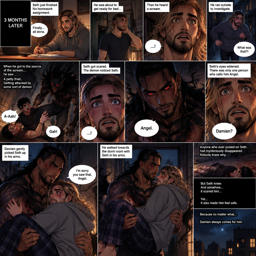 (Recap). Seth Rollins (College student) helped Damien Priest (The bad boy) tend to his wounds on his chest and shoulder after he entered Seth’s dorm room,The next morning,Seth and Damien were asleep in Seth’s bed,Seth slowly woke up,He was in Damien’s embrace,He blushed and his heart fluttered,Damien must’ve heard it because he subconsciously put his hand on Seth’s chest to feel Seth’s heartbeat and hummed softly in his sleep,Seth was flustered,Then…Damien slowly woke up and looked at Seth,”Your heart beats so beautifully” Damien said in a soft voice,Damien then whispered in Seth’s ear,“Is it because of me,Angel?” Damien asked seductively,The blush on Seth’s face deepened,Damien gave a smug and seductive smile.,”Can I kiss you?” Damien asked softly. Seth Got more Flustered,“S-Sure” Seth said nervously,Damien gently kissed Seth. (And now part 4). 3 months had passed,Seth and Damien are together. Damien had been acting strangely possessive and protective of Seth. Anyone who ever picked on Seth…had mysteriously disappeared. Nobody knew why. One night Seth just finished his homework assignment. He was about to get ready for bed….then he heard a scream. He ran outside to investigate. When he got to the source of the scream….he saw….A petty thief…Getting attacked by some sort of demon. Seth got scared. The demon noticed Seth. Seth stumbled backward. The demon slowly walked towards Seth…as if it didn’t want to scare him any further. Seth’s heart was pounding with fear. Then…the demon spoke “Angel”. Seth’s eyes widened. There was only one person who calls him Angel. “Damien?” Seth asked. Damien Gently picked Seth up in his arms. “I’m sorry you saw that Angel” Damien said Softly. He walked towards the dorm room with Seth In his arms. (End of part 4)