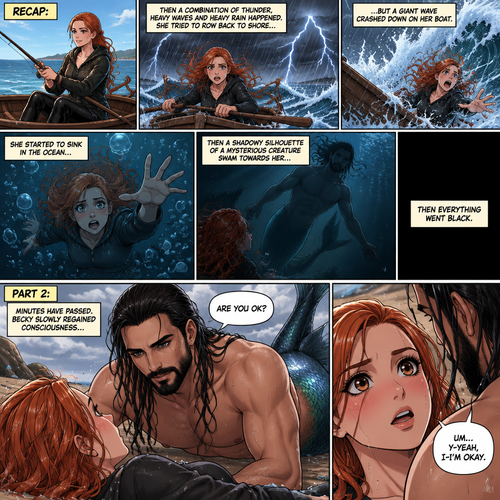 (Recap) Becky lynch was fishing,then a combination of thunder,Heavy waves and heavy rain happened,She tried to row back to shore but a giant wave crashed down on her boat,she started to sink in the ocean,then a shadowy silhouette of a mysterious creature (Seth Rollins as a merman) swam towards her,Then everything went black. (And now onto part 2). Minutes have passed,Becky slowly regained consciousness,The merman that saved her was looking down at her with relief in his eyes. “Are you ok?” Asked the merman. Becky was shocked to see an actual Handsome merman looking down at her. “Um…Y-Yeah,I-I’m okay” said Becky