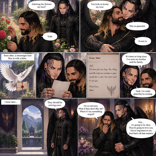 (Part 4 of the dark angel X human story). 1 year had passed,Jeff Hardy (The dark angel king) and Seth Rollins are more closer than ever. Seth had been living in the palace with Jeff. One day Seth was in the garden. Jeff walked behind him. “Admiring the flowers my love?” Jeff asked. Seth smiled softly. “Yeah” Seth said softly. Jeff gently pulled Seth in his embrace. “You look so lovely my love” Jeff said softly. Seth hummed softly. “This so peaceful” Seth said softly. “It sure is” Jeff said softly. Then a messenger bird flew in with a letter. Jeff gently picked up the letter and opened it,It was from his brother Matt saying that he and his wife and kids are coming to Jeff’s castle for a visit. Seth looked at the letter too. Jeff smiled,it had been so long since he’s seen his brother and his family. 1 hour later,Jeff was anticipating their arrival and Seth was completely nervous. Seeing that Seth was nervous Jeff gently held his hand