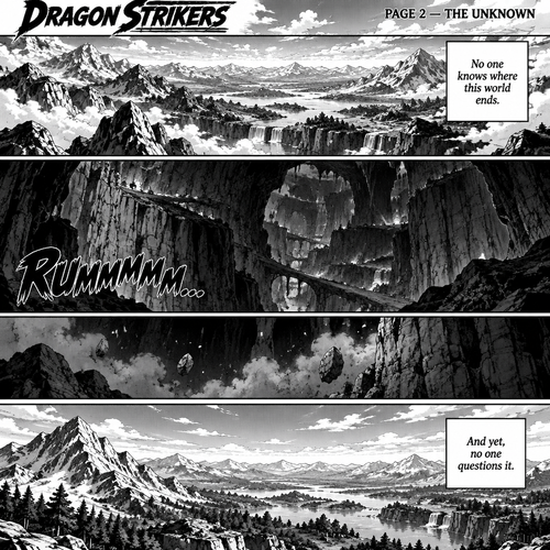 DRAGON STRIKERS

PAGE 2 — THE UNKNOWN

PANEL 1 — THE ENDLESS HORIZON

A wide view of the enormous landscape. Mountain ranges stretch beyond the clouds, and the land disappears into the distance.

NARRATION:
“No one knows where this world ends.”

PANEL 2 — THE WORLD BELOW

A view deep beneath the surface. Enormous layers of rock extend into darkness, with distant passages disappearing into the unknown.

No characters are visible.

SFX: RUMMMMM…

PANEL 3 — SOMETHING UNEXPLAINED

A distant section of the underground landscape appears to shift. Dust drifts through the darkness. The source of the movement remains unseen.

PANEL 4 — SILENCE

Return to the surface. The sky is clear. The mountains are still. The world appears completely normal.

NARRATION:
“And yet, no one questions it.”