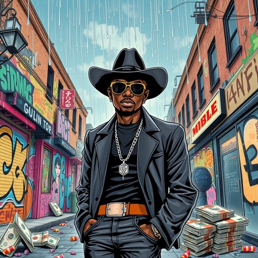 Album cover of a black man with a black cowboy hat and shades on standing in front of the Main Street in the hood. Rain falling down with candy and money everywhere 