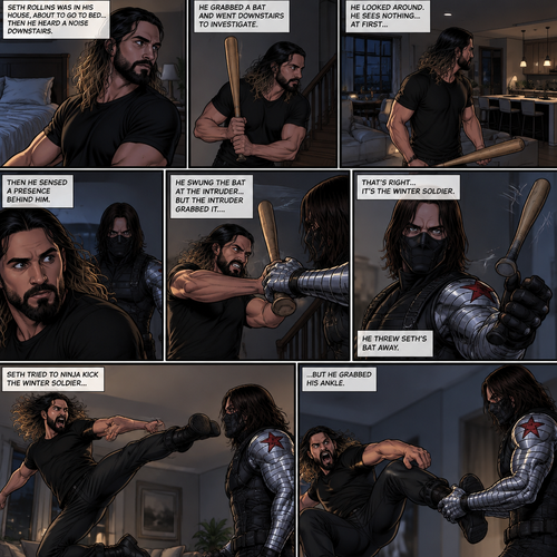 Seth Rollins was in his house about to go to bed…then he heard a noise downstairs. He grabbed a bat and went downstairs to investigate. He looked around,He sees nothing….at first…then he sensed a presence behind him. He swung the bat at the intruder…But the intruder grabbed it….with his metal arm. That’s right…it’s the winter soldier. He threw Seth’s bat away. Seth tried to ninja kick the winter soldier…but he grabbed his ankle
