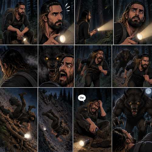 Seth Rollins was lost in the middle of the woods at night,The only this has right now is a backpack and a flashlight.He was about to take a break…then he heard something stepping on a twig.He looked around for the source pointing his flashlight,Then he heard something moving in the woods,He was looking frantically.He was about to give up….then he felt something breathing on him,his heart was beating loudly,He turned around slowly while pointing his flashlight…it was….A werewolf!!.Seth Yelled in fear and ran.The werewolf chased after him,It was gaining on Seth…but he wasn’t about to give up now..so he kept running.Seth was still running….then he tripped and rolled down a steep hill,He sprained his ankle on the way down…and then he hit his head at the bottom of the hill. “Ow” said Seth.He rolled on his back,His head and his ankle were hurting.The werewolf caught up to him