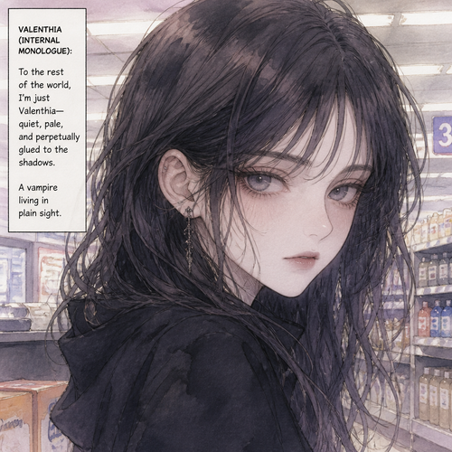 

Close-up on Valenthia’s face, pale under the harsh, buzzing fluorescent lights. Her expression is guarded.
 VALENTHIA (INTERNAL MONOLOGUE): To the rest of the world, I’m just Valenthia—quiet, pale, and perpetually glued to the shadows. A vampire living in plain sigh