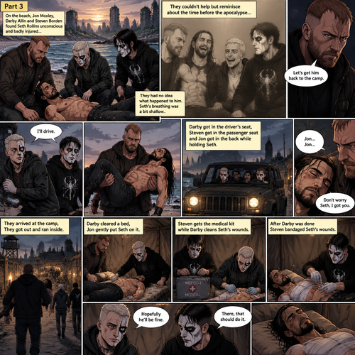 Part 3 of the apocalypse story.Jon Moxley,Darby Allin and Steven Borden (Sting’s son) Found Seth Rollins unconscious and badly injured on the beach while reminiscing about the time before the apocalypse.They had no idea what happened to him.Seth’s breathing was a bit shallow. “Let’s get him back to the camp” Said Jon. “I’ll Drive” Said Darby. Darby and Steven ran to the car,Jon lifted Seth in his arms and followed behind.Darby got in the driver’s seat,Steven got in the passenger seat and Jon got in the back while holding Seth,They drove to the camp,Then….Seth started saying Jon’s name in his unconsciousness,”Jon…Jon”,Jon held Seth tightly. “Don’t worry Seth,I got you” Jon whispered.They arrived at the camp,They got out and ran inside.Darby cleared a bed,Jon gently put Seth on it.Steven gets the medical kit while Darby Cleans Seth’s wounds,After Darby was done Steven bandaged Seth’s wounds. “There,that should do it” Said Steven. “Hopefully he’ll be fine” Said Darby