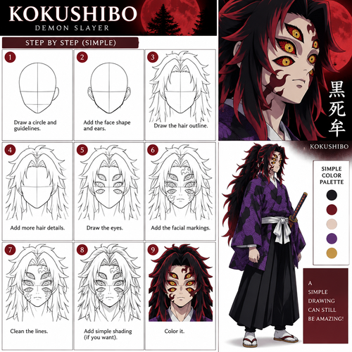 I want a Demon slayer, Koka Shibo drawing easy that I want to draw in my notebook. Please show me simple sketch of him. I want to run neatly in my notebook. Super want to generate.