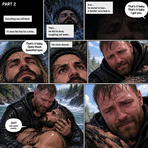 (Recap) Seth Rollins was running from a zombie horde in the woods after getting abandoned and left to die by his own group,He tripped on a rock and sprained his ankle,The zombies were gaining on him so he kept running despite the pain in his ankle,He made it to the edge of the cliff,The zombies were closing in,So Seth jumped into the rapids,He tried to swim but the rapids were too strong,He ended up going down a waterfall and hitting the water,Then everything went black. (And now part 2). Everything was still black. It’s been like that for a while,Then…..He felt his body coughing out water…and….he started to hear….A familiar voice fade in “That’s it baby,That’s it baby,I got you”. He slowly opened his eyes,The familiar voice spoke again “That’s it baby,Open those beautiful eyes”. Seth’s vision cleared….He sees….Jon Moxley..Looking down at him and holding him with tears of joy in his eyes. “Jon?” Seth asked weakly. (End of part 2).