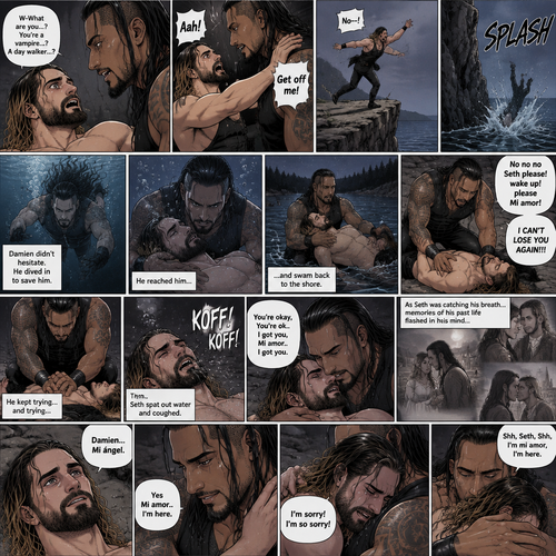 Part 6.Seth Rollins got scared after discovering that the mysterious man (WWE superstar Damien Priest) is a day walker vampire. Seth shoved the man off him…which caused Seth to Stumble and fall off the cliff backwards,Then he hit the water and lost consciousness after. The man was horrified and dived into the water to save Seth,He managed to reach him. He then swam up to the shore with Seth in his arms,He gently put Seth down on the shore. The man panicked,He thought he was gonna lose Seth..again. “No no no Seth please! wake up!please Mi amor! I CAN’T LOSE YOU AGAIN!!!” Said the man. The man then started CPR on Seth hoping he could save him. He kept trying and trying…then…Seth Spat out water and coughed. The man was very relieved,He gently pulled Seth in his embrace while Seth was catching his breath. “You’re okay,You’re ok..I got you,Mi amor..I got you” The man Said softly. As Seth was catching his breath…Flashbacks…of his past life…flashed in his mind. After a while Seth looked up at….The love of his past life..and said his name “Damien…Mi ángel”. Damien was happy that Seth remembered him at long last.,He gently stroked his cheek. “Yes Mi amor..I’m here” Damien said softly. Seth hugged and Damien and cried. “I’m sorry! I’m so sorry!” Seth said through his tears. Damien hugged Seth back and tried to comfort him. “Shh,Seth,Shh,I’m mi amor,I’m here” Damien said softly