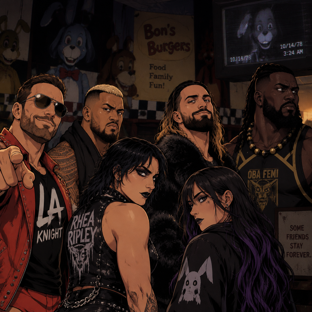 LA Knight,Solo Sikoa,Seth Rollins,Oba Femi,Rhea Ripley and Ari Stone (My wrestler oc) in The Walten Files