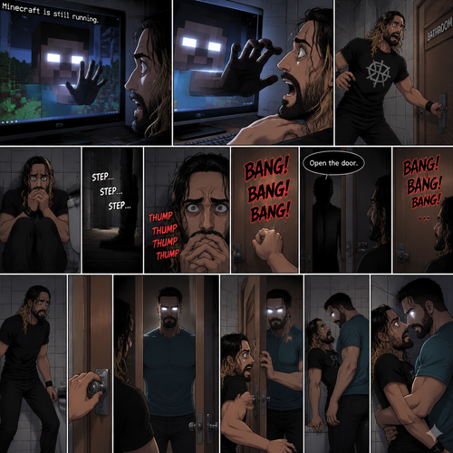 (part 2) Minecraft is still running. Herobrine still stared at Seth Rollins through the webcam. Seth was still paralyzed from fear. Herobrine put his hand on the screen…it went through. Seth ran out of the room in fear and locked himself in the bathroom. For a while nothing happened…then there were footsteps outside the door. Seth’s heart was pounding. Then…..something banged on the door. Seth scrambled away from the door in fear. Then a voice spoke from the door “Open the door”. Seth was too scared to move. The banging on the door continued. After about three minutes,The banging stopped. Seth slowly stood up,Then he slowly walked to the door. He unlocked the door and slowly opened it….Herobrine was standing in front of him….in human form. Seth was about to slam the door but herobrine prevented him from doing so,Then he slowly walked into the bathroom backing Seth into a wall. He slowly wrapped his arm around Seth’s waist
