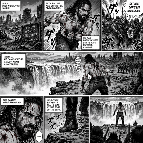 It’s a post apocalyptic world,Seth Rollins was on the run from bandits.He was badly injured but he kept running,running….then….He came across a cliff near a waterfall.The bandits were behind him,He slowly backed up till he was at the edge of the cliff
