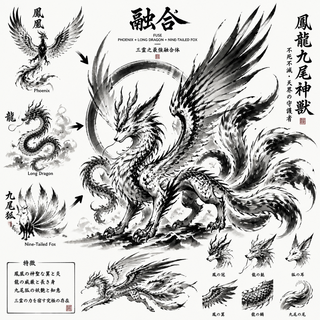 Fuse Phoenix, loung dragon and nine tailed fox as a new creature that has all the best appearance form Phoenix, loung dragon and nine tailed fox. Abe to trace