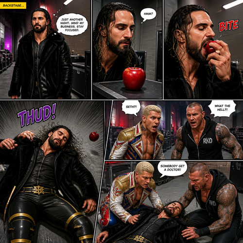 Seth Rollins was walking back stage minding his own business,Then he saw a red apple.He took a bite of it…Then suddenly fell to the ground unconscious.Cody Rhodes and Randy Orton saw what happened and rushed Over to him