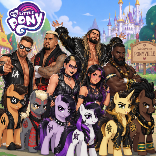 LA Knight,Solo Sikoa,Seth Rollins,Oba Femi,Rhea Ripley and Ari Stone (My wrestler oc) in My little pony 