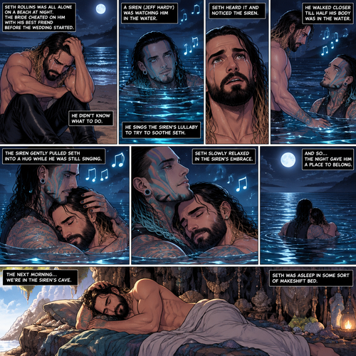 (Recap) Seth Rollins was all alone on a beach at night Crying because the bride cheated on him with his best friend before the wedding started,he didn’t know what to do,A siren (Jeff Hardy) was watching him in the water,he sings the siren’s lullaby to try to soothe Seth,Seth heard it and noticed the siren,he walked closer till half his body was in the water,The siren gently pulled Seth into a hug while he was still singing,Seth slowly relaxed in the siren’s embrace. (And now part 2). The next morning,We’re in the Siren’s cave,Seth was asleep in some sort of makeshift bed