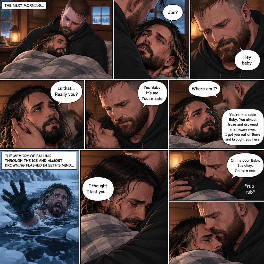 (The monster apocalypse/Moxollins story part 3). The next morning,Seth Rollins was Still unconscious on the bed in the cabin with the blanket wrapped around him to keep him warm. Jon Moxley had been watching over him Still holding him in his arms. Then Seth slowly regained consciousness,The first thing he sees is Jon looking down at him,Then he spoke softly “Jon?”. “Hey baby” Jon said softly. “Is that…Really you?” Seth asked softly. Jon gently stroked Seth’s cheek. “Yes Baby,It’s me,You’re safe” Jon said softly. “Where am I?” Seth asked softly. “You’re in a cabin Baby,You almost froze and drowned in a frozen river,I got you out of there and brought you here” Jon said Softly. The memory of fall through the ice and almost drowning in the freezing water flashed in Seth’s mind. Jon gently hugged him. Then…Seth started crying. Jon gently rubbed his back. “I thought I lost you” Seth said while crying. “Oh my poor Baby,It’s okay,I’m here now” Jon said softly. He gently kissed Seth’s forehead