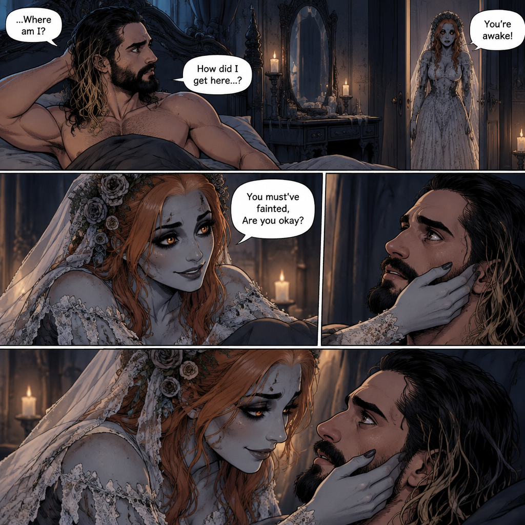 (Part 3 of the corpse bride,Seth x Becky style). Still in the strange bedroom,Seth Rollins was still confused as to how he got there after he woke up. Then the undead woman in a wedding dress (Becky Lynch) walks in. “You’re awake!” Said the undead Bride. She walked towards the bed. “You must’ve fainted,Are you okay?” The undead Bride asked. She gently placed her hand on his cheek