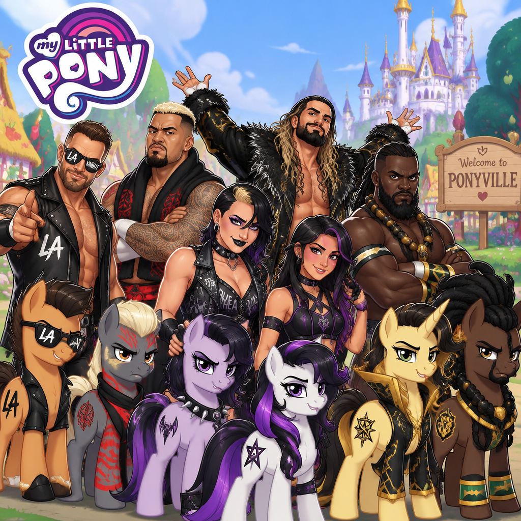 LA Knight,Solo Sikoa,Seth Rollins,Oba Femi,Rhea Ripley and Ari Stone (My wrestler oc) in My little pony