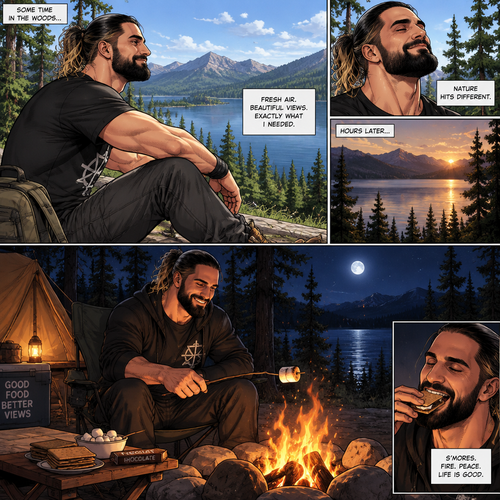 Seth Rollins was camping in the woods,he was enjoying the view of the lake and enjoying the fresh air,Hours later nighttime came,He was making s’mores at the campfire.He was enjoying himself