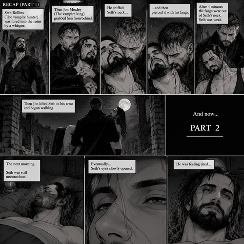 (Recap) Seth Rollins (The vampire hunter) was lured into the ruins by a whisper,Then Jon Moxley (The vampire king) grabbed him from behind,He sniffed Seth’s neck and then pierced it with his fangs,After 4 minutes the fangs were out of Seth’s neck,Seth was weak,Then Jon lifted Seth in his arms and began walking. (And now part 2). The next morning,Seth was still unconscious. Eventually…Seth’s eyes slowly opened,He was feeling tired