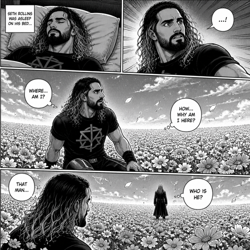 Seth Rollins was asleep on his bed,Then he woke up….On a field of flowers,He was confused as to how and why he was there.Then he noticed a mysterious man ahead of him with his back turned