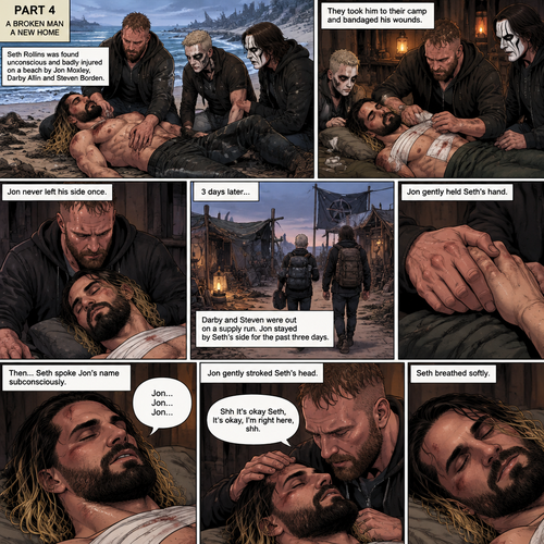 Part 4 of the apocalypse story.Seth Rollins was found unconscious and badly injured on a beach by Jon Moxley,Darby Allin and Steven Borden (Sting’s son).They took him to their camp and bandaged his wounds.Jon never left his side once.3 days later,Seth was still unconscious,Darby and Steven were out on a supply run,Jon stayed by Seth’s side for the past three days.Jon gently held Seth’s hand,Then…Seth Spoke Jon’s name subconsciously “Jon…Jon…Jon”.Jon gently stroked Seth’s head. “Shh It’s okay Seth,It’s okay,I’m right here,shh” Jon whispered.Seth breathed softly