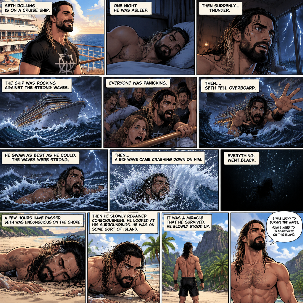 Seth Rollins is on a cruise ship,One night he was asleep,Then suddenly…thunder. He got up. The ship was rocking against the strong waves. Everyone was panicking,Then….Seth fell overboard. He swam as best as he could. The waves were strong,Then…A big wave came crashing down on him. Everything.Went.Black. A few hours have passed,Seth was unconscious on the shore,Then he slowly regained consciousness. He looked at his surroundings,He was on some sort of island. It was a miracle that he survived. He slowly stood up. “I was lucky to survive the waves,Now I need to survive on this island” Said Seth