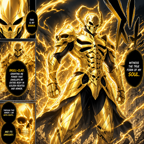 Skull-Clad: granting him power that envelops his entire body in golden Reiatsu and full suit of skull-like armor.