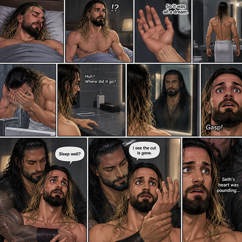 (Recap) Seth Rollins Was walking in the forest near his house,he discovered a statue of a sorcerer (Roman Reigns),he finds a hole on it,then he accidentally cuts his hand,A little bit of his blood dripped in the hole,then it broke apart…revealing the sorcerer himself,Seth was shocked,the sorcerer grabbed Seth’s wrist and pulled him closer,He looked at Seth’s eyes,then he used a spell to make Seth sleep,then he lifted Seth in his arms. (And now part 2). Seth was asleep on his bed,then he woke up. He sat up confused. He looked at his hand…the cut was gone. “So it was all a dream” Seth said to himself. He got up and walked to the bathroom,then he splashed cold water on his face. He reached for his hairbrush….it wasn’t there. “Huh? Where did it go?” Seth asked himself. He looks at the mirror….and sees the sorcerer. Seth gasped. The sorcerer grabs Seth from behind. “Sleep well?” Asked the sorcerer. Seth was too stunned to speak. The sorcerer lifted Seth’s hand to have a look at it. “I see the cut is gone” Said the sorcerer. Seth’s heart was pounding