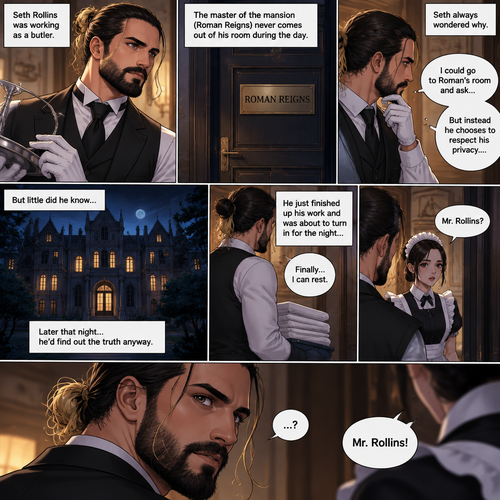 Seth Rollins was working as a butler,The master of the mansion (Roman Reigns) never comes out of his room during the day.Seth always wondered why,He could go to Roman’s room and ask…But instead he chooses to respect his privacy….but little did he know…Later that night…he’d find out the truth anyway.He just finished up his work and was about to turn in for the night…Buy one of the maids called his name
