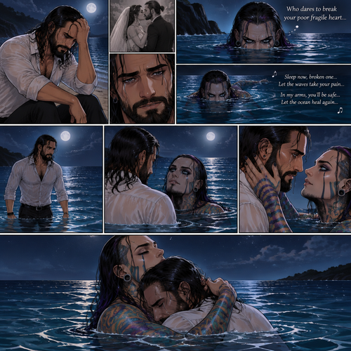 Seth Rollins was on a beach alone at night crying. He was about to be married today….but he caught the bride cheating on him with his best friend. He’s lost in thought about what to do,Little did he know…..A siren (Jeff Hardy) was watching him in the water. “Who dares to break your poor fragile heart” the siren said to himself. The siren quietly swam closer. Seth was still crying. Then the siren started singing the siren’s lullaby to try to Soothe Seth. Seth heard it,He noticed. He walked closer till half of his body was in the water. The siren gently pulled Seth into a hug while he was still singing