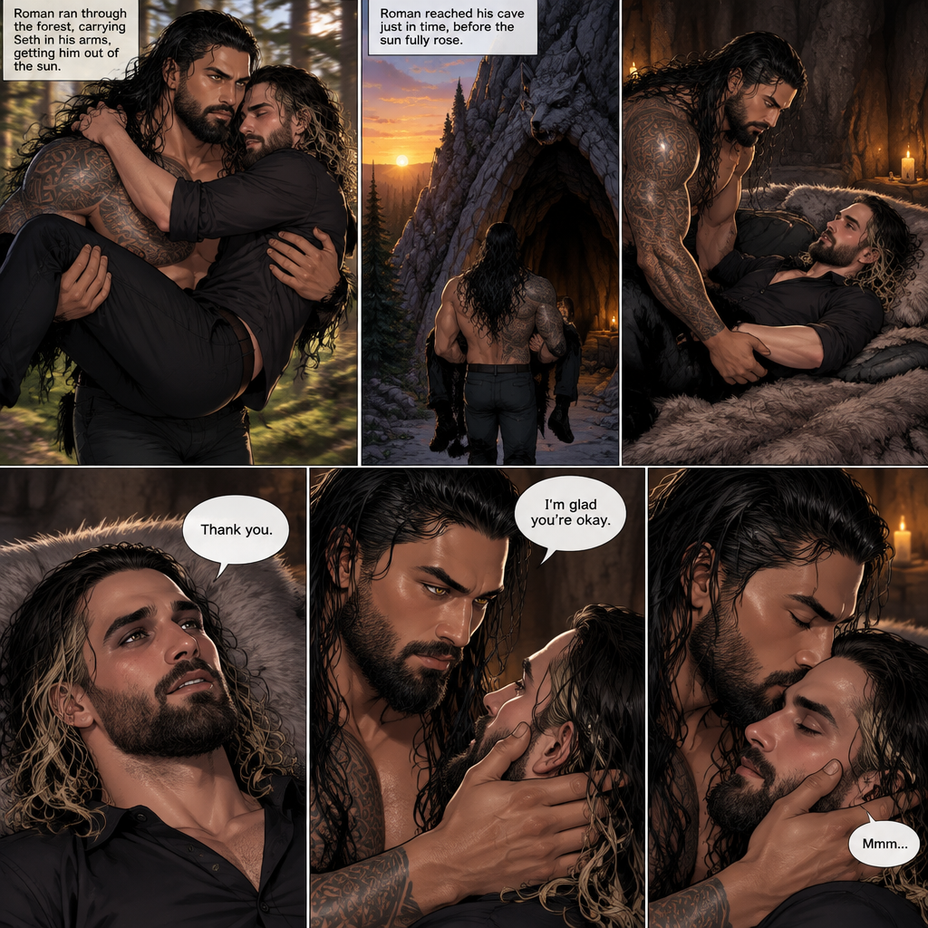 (Part 2 of the Werewolf x Vampire story) Roman Reigns (The werewolf) was running to his cave with Seth Rollins (The vampire) in his arms getting him out of the sun. Seth held on tightly. Roman managed to get there before the sun fully rose. Seth was relieved. Roman gently put him down on the fur bed. “Thank you” Seth said softly. Roman gently put his hand on Seth’s cheek. “I’m glad you’re okay” Roman said Softly. He gently kissed Seth’s forehead. Seth hummed softly