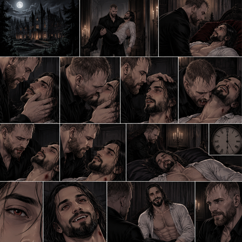 There’s a Dark Vampiric mansion in the woods,Inside there’s a dark Vampiric chamber.The door opens,A vampire (Jon Moxley) walks in carrying his human lover (Seth Rollins).Jon Gently puts Seth on the bed.Seth looked up at him.Seth was very nervous and excited,Because tonight…is his last night as a human,Tonight…Jon was going to turn Seth into a vampire.Jon caresses Seth’s cheek lovingly,then he gently kisses him.After he pulls away Jon brushed Seth’s hair off his face.He leaned towards Seth’s neck,His fangs come out,Then…his fangs pierce Seth’s neck.Seth gasped softly.After he was finished Jon pulled away from Seth’s neck.Seth opened his eyes and looked up at Jon.After the exchange and the painful process was done Seth slipped into unconsciousness.15 minutes passed,Seth was still unconscious,Jon hadn’t left his side.Then…Seth’s eyes opened slowly.He looked at Jon.Seth Smiled at Jon his fangs showing.He sat up on the bed