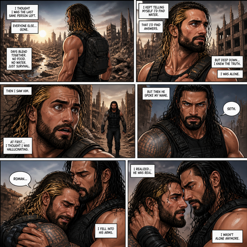WWE superstar Seth Rollins in a post apocalyptic world trying to survive.He thought he was the only sane person left…. But he was wrong.One while was looking for water….He saw a familiar face…it was Roman Reigns.He thought he was hallucinating from dehydration…Till he fell into Roman’s arms.He realized…Roman was actually here