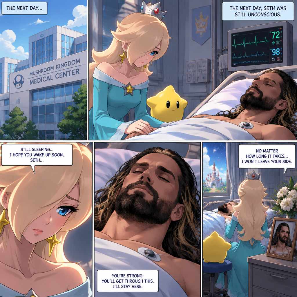 (Part 3 of the Seth Rollins x Princess Rosalina story). The next day,Seth was still unconscious