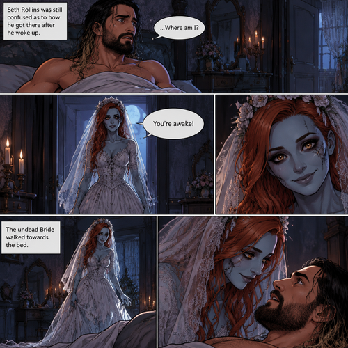 (Part 3 of the corpse bride,Seth x Becky style). Still in the strange bedroom,Seth Rollins was still confused as to how he got there after he woke up. Then the undead woman in a wedding dress (Becky Lynch) walks in. “You’re awake!” Said the undead Bride. She walked towards the bed