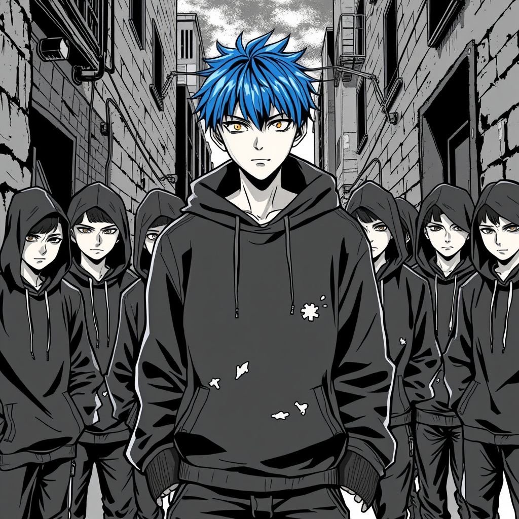 A teenage boy dressed in a black hoodie surrounded by angry looking boys dressed in black hoodies also