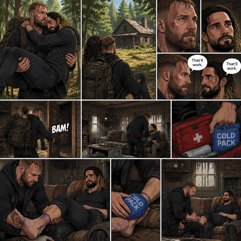 (Part 5). Still in the zombie apocalypse. Jon Moxley was walking in the woods while Holding Seth Rollins in his arms after emotional reunion near the river. Seth was resting his head on Jon’s shoulder while holding on. Jon looked ahead and he sees an abandoned Cabin. Seth Sees it too. Jon and Seth looked at each other,Then they looked back at the cabin. “That’ll work” Jon and Seth said in unison. Jon walked to the cabin,Then he kicked the door open and walked inside. He gently put Seth down on the couch. He reached into his bag and pulled out a first aid kit,He gently lifted Seth’s sprained ankle,He grabbed an ice pack from the first aid kit and gently puts it on Seth’s ankle