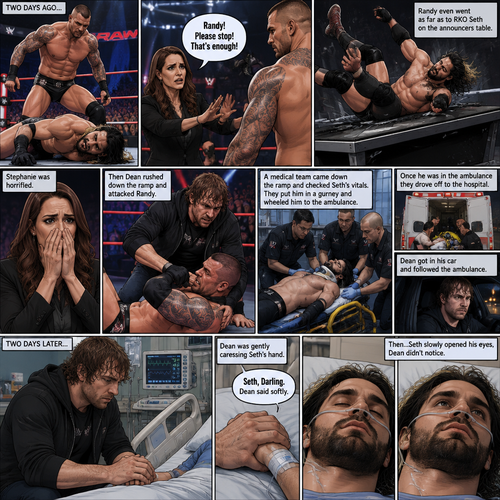 It’s the year 2015,We’re in a hospital. Seth Rollins was lying in a hospital bed unconscious. Dean Ambrose was sitting by his side and holding his hand. (What happened to Seth you ask? Well…let’s rewind to two days ago). Seth was in a match against Randy Orton. It was getting brutal. Randy was beating the heck out of Seth. Stephanie McMahon was begging Randy to stop…but Randy wasn’t stopping. He even went as far as to Rko Seth on the announcers table. Stephanie was horrified. Seth was out cold. Then Dean rushed down the ramp and attacked Randy. He took him down. A medical team came down the ramp and checked Seth’s vitals. They put him in a gurney and wheeled him to the ambulance. Once he was in the ambulance they drove off to the hospital. Dean got in his car and followed the ambulance. (Now back to two days later). Seth was still unconscious. Dean was gently caressing Seth’s hand. Then…Seth slowly opened his eyes,Dean didn’t notice. “Seth,Darling” Dean said softly