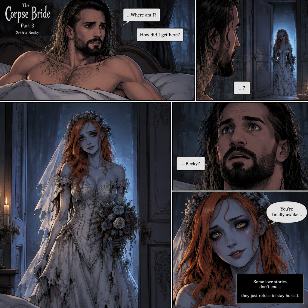 (Part 3 of the corpse bride,Seth x Becky style). Still in the strange bedroom,Seth Rollins was still confused as to how he got there after he woke up. Then the undead woman in a wedding dress (Becky Lynch) walks in