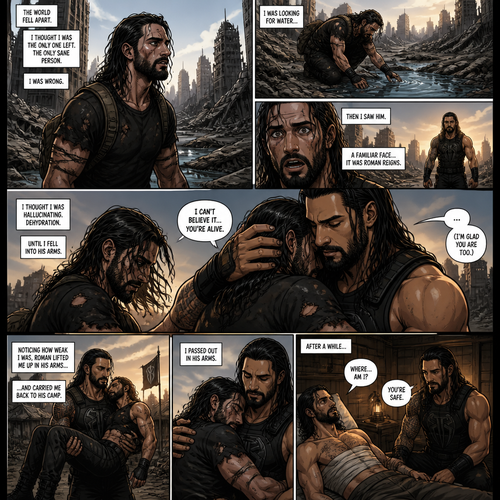 WWE superstar Seth Rollins in a post apocalyptic world trying to survive.He thought he was the only sane person left…. But he was wrong.One while was looking for water….He saw a familiar face…it was Roman Reigns.He thought he was hallucinating from dehydration…Till he fell into Roman’s arms.He realized…Roman was actually here.”I can’t believe it….you’re alive” Said Seth.Roman just simply smiled and Held Seth.Noticing how weak Seth was currently Roman lifted him up in his arms and walked back to his camp with him.Seth then passed out in Roman’s Arms.After a While Seth Slowly woke up in some sort of room.Roman was sitting beside him
