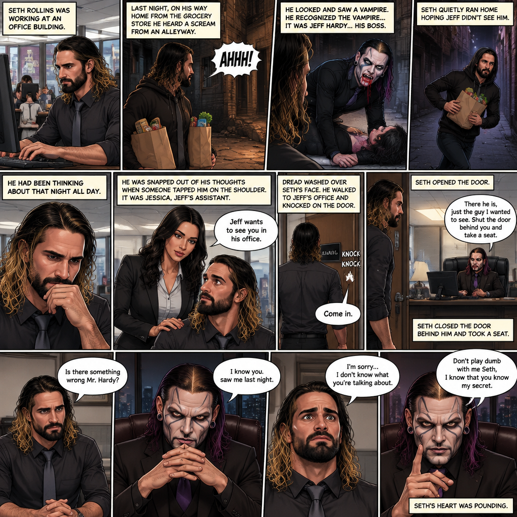 Seth Rollins was working at an office building,last night,on his way home from the grocery store he heard a scream from an alleyway,He looked and saw a Vampire,He recognized the vampire…it was Jeff Hardy…his boss,Seth quietly ran home hoping Jeff didn’t see him,He had been thinking about that night all day,He was snapped out of his thoughts when someone tapped him on the shoulder,It was Jessica Jeff’s assistant,she told him that Jeff wanted to see him in his office,Dread washed over Seth’s face,He walked to Jeff’s office and knocked on the door’”Come in” said Jeff,Seth opened the door,”There he is,just the guy I wanted to see,shut the door behind you and take a seat” said Jeff,Seth closed behind him and took a seat. (And now part 2). “Is there something wrong Mr.Hardy?” Seth asked nervously. Jeff looked at Seth with a serious expression. “I know you saw me last night” said Jeff. Seth had a fearful expression on his face but tried to keep it cool. “I’m sorry…I don’t know what you’re talking about” said Seth. “Don’t play dumb with me Seth,I know that you know my secret” said Jeff. Seth’s heart was pounding.