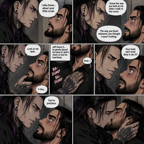 (Recap). Seth Rollins was called into Jeff Hardy’s office,“Is there something wrong Mr.Hardy?” Seth asked nervously,Jeff looked at Seth with a serious expression,“I know you saw me last night” said Jeff,Seth had a fearful expression on his face but tried to keep it cool,“I’m sorry…I don’t know what you’re talking about” said Seth,“Don’t play dumb with me Seth,I know that you know my secret” said Jeff,Seth’s heart was pounding. He was about to run to the door,but Jeff used his vampire speed to get there first and locked it,“You’re not going anywhere” Said Jeff. He slowly walked towards Seth,Seth slowly walked backwards,“Please don’t hurt me,I-I won’t tell anyone” Seth said,His back hit the wall,Jeff stood right in front of Seth,He pinned Seth to the wall. (And now part 3). Jeff looked into Seth’s eyes. “I also know….about your little crush” Said Jeff. Seth got nervous. “I know the way you look at me when I walk in the room,The way you blush whenever you thought I wasn’t looking” Jeff said softly. Jeff gently lifted Seth’s chin. “Look at me Seth” Jeff commanded softly. Seth’s heart fluttered. Jeff heard it,he gently placed his hand on Seth’s chest to feel his heartbeat. Seth gasped softly under Jeff’s touch. Jeff gave a smug smile. “Your body can’t even deny it can it?” Jeff asked softly and smugly. Seth was flustered. Jeff leaned closer to Seth. “You’re precious” Jeff said softly. Then…He kissed Seth