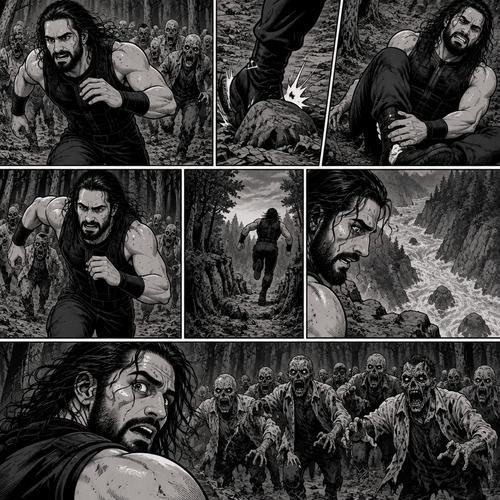 We’re in the woods during a zombie apocalypse,Someone was running…and that someone…is Seth Rollins. He was running from a zombie horde after being abandoned and left to die by his own group. He kept running….Till he tripped on a rock and sprained his ankle. The zombie horde was gaining on Seth,So he kept running despite the pain in his ankle. He was running and running….till he got to the edge of a cliff. He looks down,There was rapid water at the bottom. He turned around…the Zombie horde was getting closer