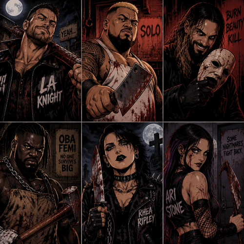 LA Knight,Solo Sikoa,Seth Rollins,Oba Femi,Rhea Ripley and Ari Stone (My Female wrestler oc) as Horror movie slashers