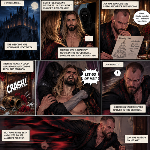 (Recap)Jon Moxley (The vampire king) and Seth Rollins (The vampire hunter…well now The bride Of Jon Moxley) were at the royal feast,Seth was stunned because Jon announced that Seth was his bride,Jon also said that the wedding would take place in 2 weeks,Seth just sat there stunned,Jon sat down and wrapped his arm around Seth and pulled him close,He gently kissed Seth’s forehead,Seth’s heart fluttered,Jon heard it and said “you’re cute,My little hunter”. (And now part 6). 1 week had passed,the wedding was coming up next week. Seth still couldn’t believe it…but his heart knows the truth now. Jon was handling the preparations for the wedding. Seth was looking in the mirror…then he saw a shadowy figure in the reflection…someone was right behind him. Jon was trying to figure out some details for the wedding cake….Then he heard a loud crashing noise coming from the bedroom,Then he heard Seth yelling “LET GO OF ME!!”. Jon used his vampire speed to rush to the bedroom