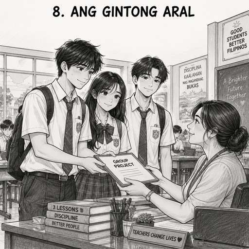 Create a black-and-white, portrait-oriented manga illustration in a realistic anime teenage drawing style, with natural high-school student proportions, expressive but subtle facial features, detailed hairstyles, and clean, confident pencil linework. Avoid chibi, cartoon, exaggerated facial expressions, or childish proportions.

The scene takes place in a realistic Filipino high-school classroom. Miguel, a teenage boy in a school uniform, respectfully hands their completed group project to their female teacher across her desk. Ana and Carlo stand beside him, looking relieved and quietly proud after working together to finish it. Miguel has a sincere, slightly nervous smile; Ana has a gentle smile; Carlo looks relieved and confident. The teacher accepts their project with a warm, approving expression.

Use careful manga shading, realistic folds in their uniforms, detailed hands holding the project folder, and a lightly sketched classroom background with desks and windows. Compose the characters vertically so all four are visible without overcrowding. Leave clear space at the top for the title “8. ANG GINTONG ARAL” and a little room for speech bubbles. Keep the illustration monochrome, neat, mature, and detailed enough to look like a teenage manga artist drew it, but simple enough for a Grade 10 student to use as a hand-drawing reference.